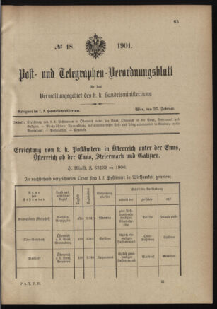 Post- und Telegraphen-Verordnungsblatt für das Verwaltungsgebiet des K.-K. Handelsministeriums 19010225 Seite: 1