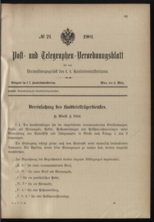 Post- und Telegraphen-Verordnungsblatt für das Verwaltungsgebiet des K.-K. Handelsministeriums 19010302 Seite: 1