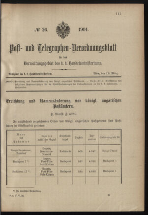 Post- und Telegraphen-Verordnungsblatt für das Verwaltungsgebiet des K.-K. Handelsministeriums 19010318 Seite: 1