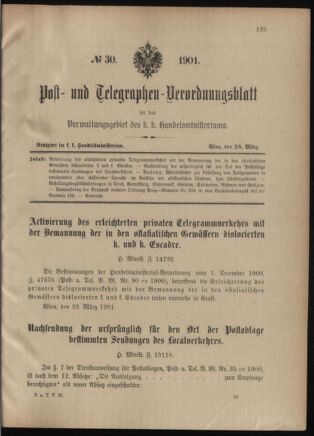 Post- und Telegraphen-Verordnungsblatt für das Verwaltungsgebiet des K.-K. Handelsministeriums 19010328 Seite: 1