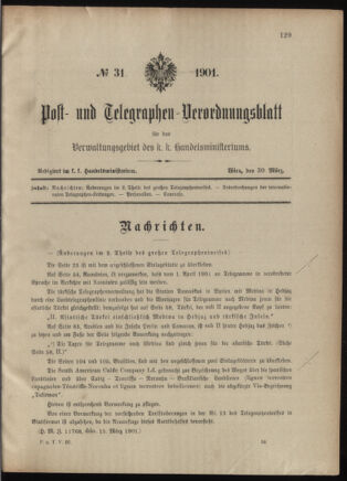 Post- und Telegraphen-Verordnungsblatt für das Verwaltungsgebiet des K.-K. Handelsministeriums 19010330 Seite: 1