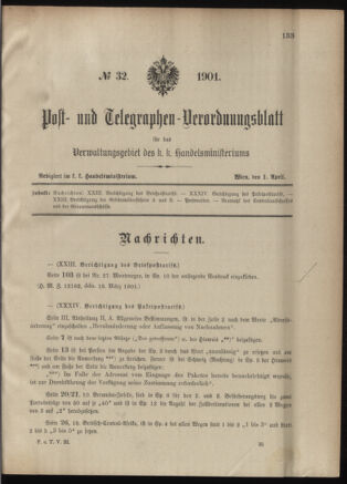 Post- und Telegraphen-Verordnungsblatt für das Verwaltungsgebiet des K.-K. Handelsministeriums 19010401 Seite: 1