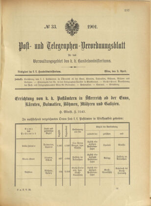 Post- und Telegraphen-Verordnungsblatt für das Verwaltungsgebiet des K.-K. Handelsministeriums 19010403 Seite: 1