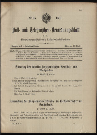 Post- und Telegraphen-Verordnungsblatt für das Verwaltungsgebiet des K.-K. Handelsministeriums 19010411 Seite: 1