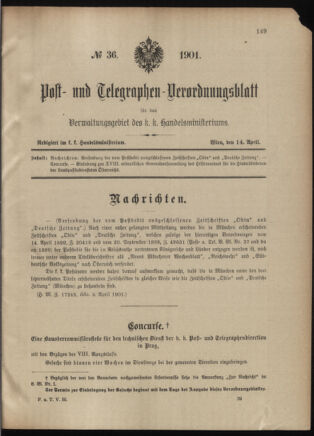 Post- und Telegraphen-Verordnungsblatt für das Verwaltungsgebiet des K.-K. Handelsministeriums 19010414 Seite: 1