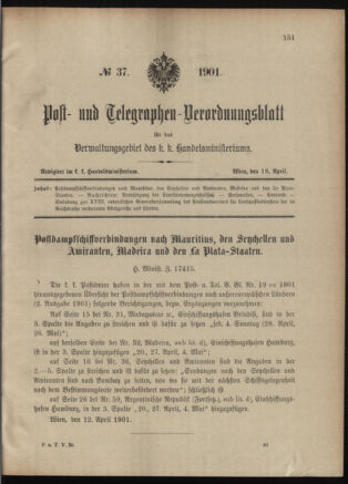 Post- und Telegraphen-Verordnungsblatt für das Verwaltungsgebiet des K.-K. Handelsministeriums 19010418 Seite: 1