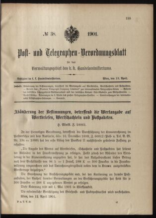 Post- und Telegraphen-Verordnungsblatt für das Verwaltungsgebiet des K.-K. Handelsministeriums 19010419 Seite: 1