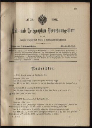 Post- und Telegraphen-Verordnungsblatt für das Verwaltungsgebiet des K.-K. Handelsministeriums 19010423 Seite: 1