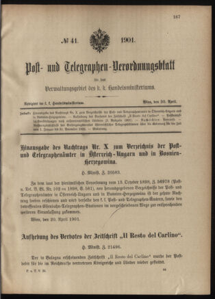 Post- und Telegraphen-Verordnungsblatt für das Verwaltungsgebiet des K.-K. Handelsministeriums 19010430 Seite: 1