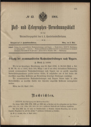 Post- und Telegraphen-Verordnungsblatt für das Verwaltungsgebiet des K.-K. Handelsministeriums 19010502 Seite: 1