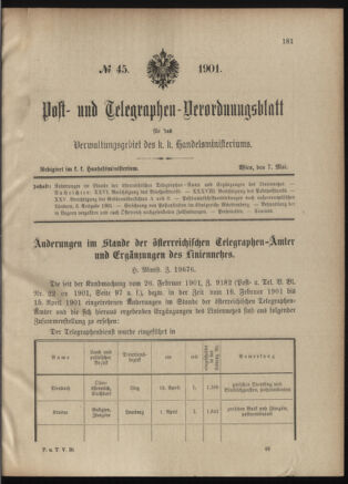 Post- und Telegraphen-Verordnungsblatt für das Verwaltungsgebiet des K.-K. Handelsministeriums 19010507 Seite: 1