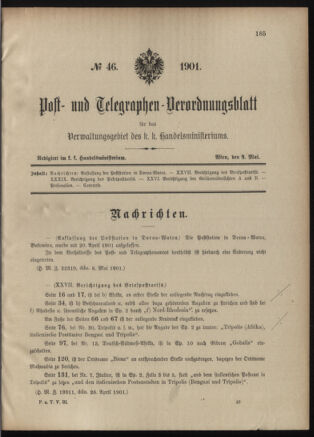 Post- und Telegraphen-Verordnungsblatt für das Verwaltungsgebiet des K.-K. Handelsministeriums 19010509 Seite: 1