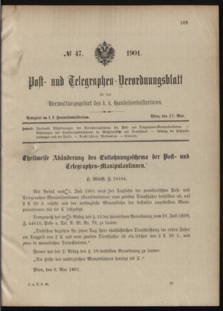 Post- und Telegraphen-Verordnungsblatt für das Verwaltungsgebiet des K.-K. Handelsministeriums 19010517 Seite: 1