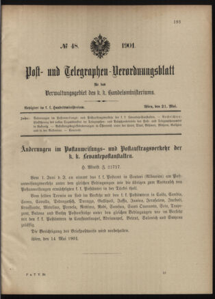 Post- und Telegraphen-Verordnungsblatt für das Verwaltungsgebiet des K.-K. Handelsministeriums 19010521 Seite: 1