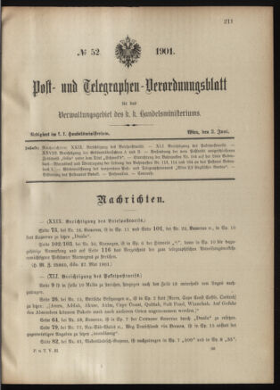 Post- und Telegraphen-Verordnungsblatt für das Verwaltungsgebiet des K.-K. Handelsministeriums 19010603 Seite: 1