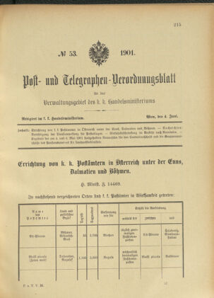 Post- und Telegraphen-Verordnungsblatt für das Verwaltungsgebiet des K.-K. Handelsministeriums 19010604 Seite: 1