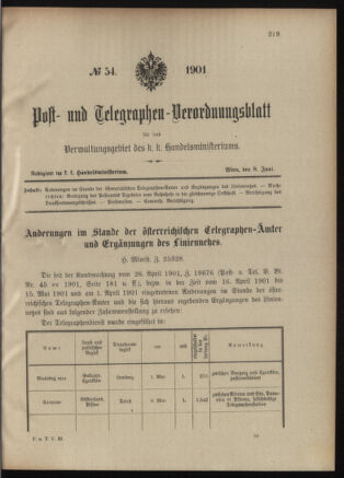 Post- und Telegraphen-Verordnungsblatt für das Verwaltungsgebiet des K.-K. Handelsministeriums 19010608 Seite: 1