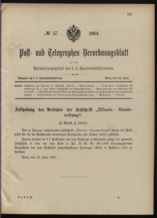 Post- und Telegraphen-Verordnungsblatt für das Verwaltungsgebiet des K.-K. Handelsministeriums 19010620 Seite: 1