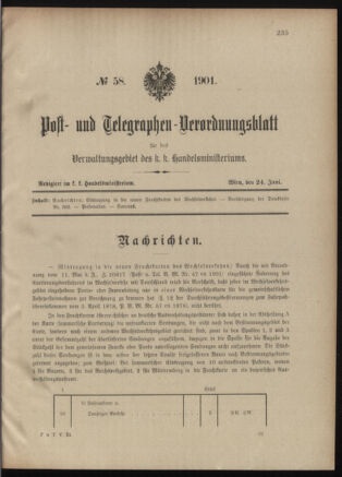 Post- und Telegraphen-Verordnungsblatt für das Verwaltungsgebiet des K.-K. Handelsministeriums 19010624 Seite: 1