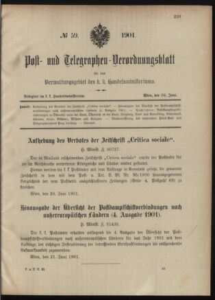 Post- und Telegraphen-Verordnungsblatt für das Verwaltungsgebiet des K.-K. Handelsministeriums 19010626 Seite: 1