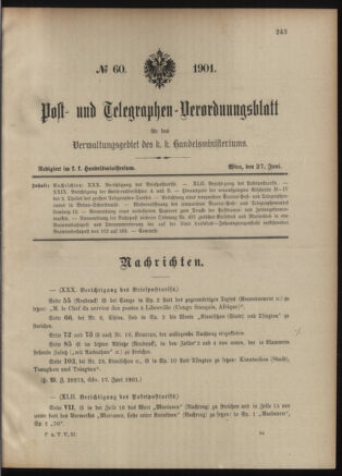 Post- und Telegraphen-Verordnungsblatt für das Verwaltungsgebiet des K.-K. Handelsministeriums 19010627 Seite: 1