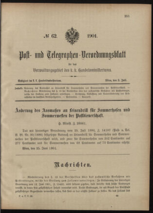 Post- und Telegraphen-Verordnungsblatt für das Verwaltungsgebiet des K.-K. Handelsministeriums 19010703 Seite: 1