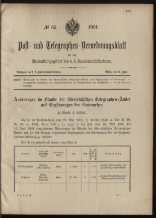 Post- und Telegraphen-Verordnungsblatt für das Verwaltungsgebiet des K.-K. Handelsministeriums 19010708 Seite: 1