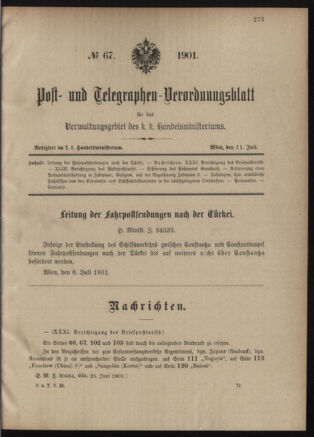 Post- und Telegraphen-Verordnungsblatt für das Verwaltungsgebiet des K.-K. Handelsministeriums 19010711 Seite: 1