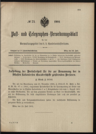 Post- und Telegraphen-Verordnungsblatt für das Verwaltungsgebiet des K.-K. Handelsministeriums 19010723 Seite: 1