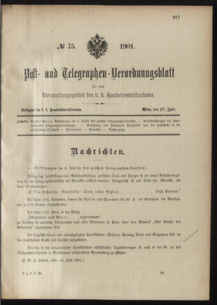 Post- und Telegraphen-Verordnungsblatt für das Verwaltungsgebiet des K.-K. Handelsministeriums 19010727 Seite: 1