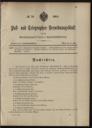 Post- und Telegraphen-Verordnungsblatt für das Verwaltungsgebiet des K.-K. Handelsministeriums 19010731 Seite: 1