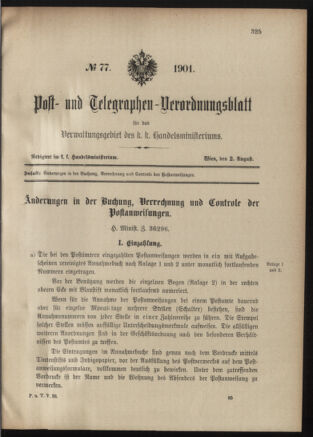 Post- und Telegraphen-Verordnungsblatt für das Verwaltungsgebiet des K.-K. Handelsministeriums 19010802 Seite: 1