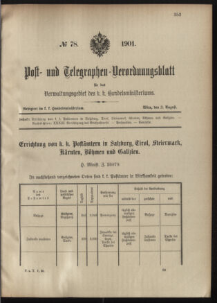 Post- und Telegraphen-Verordnungsblatt für das Verwaltungsgebiet des K.-K. Handelsministeriums 19010803 Seite: 1