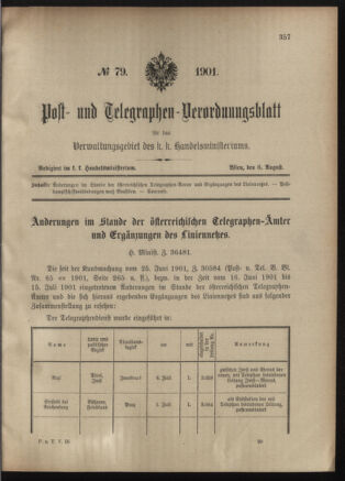 Post- und Telegraphen-Verordnungsblatt für das Verwaltungsgebiet des K.-K. Handelsministeriums 19010806 Seite: 1