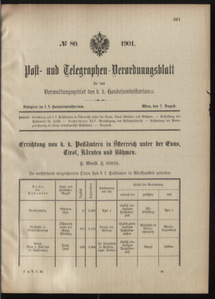 Post- und Telegraphen-Verordnungsblatt für das Verwaltungsgebiet des K.-K. Handelsministeriums 19010807 Seite: 1