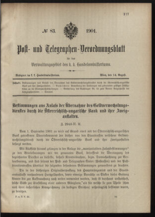 Post- und Telegraphen-Verordnungsblatt für das Verwaltungsgebiet des K.-K. Handelsministeriums 19010814 Seite: 1