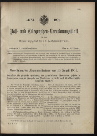 Post- und Telegraphen-Verordnungsblatt für das Verwaltungsgebiet des K.-K. Handelsministeriums 19010821 Seite: 1