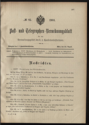 Post- und Telegraphen-Verordnungsblatt für das Verwaltungsgebiet des K.-K. Handelsministeriums 19010824 Seite: 1