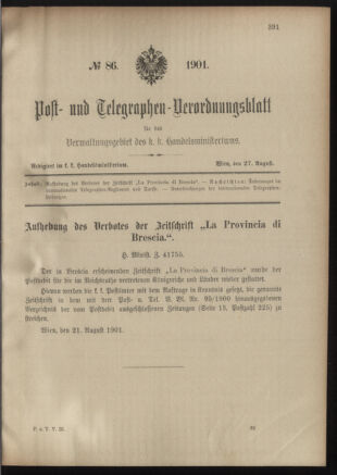 Post- und Telegraphen-Verordnungsblatt für das Verwaltungsgebiet des K.-K. Handelsministeriums 19010827 Seite: 1