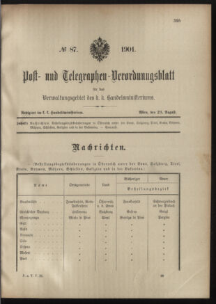 Post- und Telegraphen-Verordnungsblatt für das Verwaltungsgebiet des K.-K. Handelsministeriums 19010829 Seite: 1