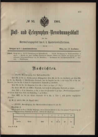 Post- und Telegraphen-Verordnungsblatt für das Verwaltungsgebiet des K.-K. Handelsministeriums 19010913 Seite: 1