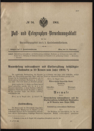 Post- und Telegraphen-Verordnungsblatt für das Verwaltungsgebiet des K.-K. Handelsministeriums 19010916 Seite: 1