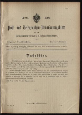 Post- und Telegraphen-Verordnungsblatt für das Verwaltungsgebiet des K.-K. Handelsministeriums 19010917 Seite: 1