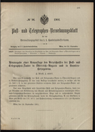 Post- und Telegraphen-Verordnungsblatt für das Verwaltungsgebiet des K.-K. Handelsministeriums 19010924 Seite: 1