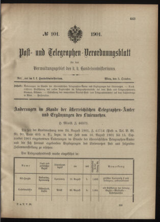 Post- und Telegraphen-Verordnungsblatt für das Verwaltungsgebiet des K.-K. Handelsministeriums 19011005 Seite: 1