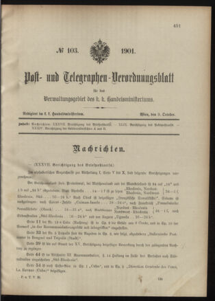 Post- und Telegraphen-Verordnungsblatt für das Verwaltungsgebiet des K.-K. Handelsministeriums 19011009 Seite: 1