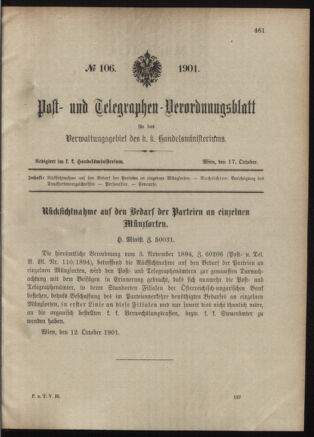 Post- und Telegraphen-Verordnungsblatt für das Verwaltungsgebiet des K.-K. Handelsministeriums 19011017 Seite: 1