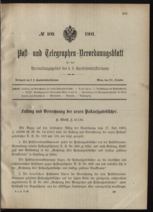 Post- und Telegraphen-Verordnungsblatt für das Verwaltungsgebiet des K.-K. Handelsministeriums 19011029 Seite: 1