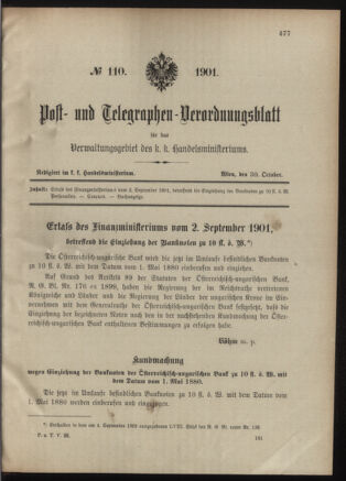 Post- und Telegraphen-Verordnungsblatt für das Verwaltungsgebiet des K.-K. Handelsministeriums 19011030 Seite: 1