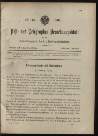 Post- und Telegraphen-Verordnungsblatt für das Verwaltungsgebiet des K.-K. Handelsministeriums 19011107 Seite: 1